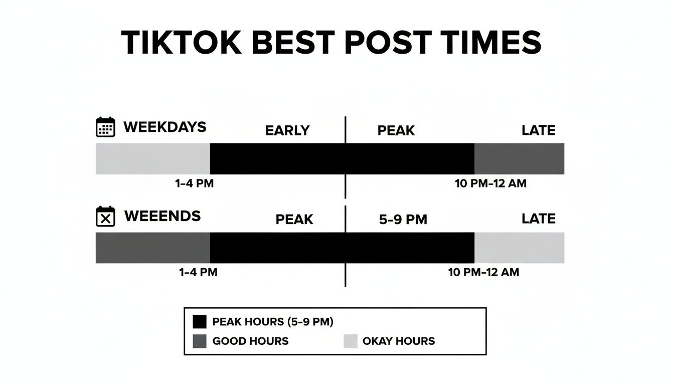 A chart detailing the best times to post on TikTok for both weekdays and weekends.