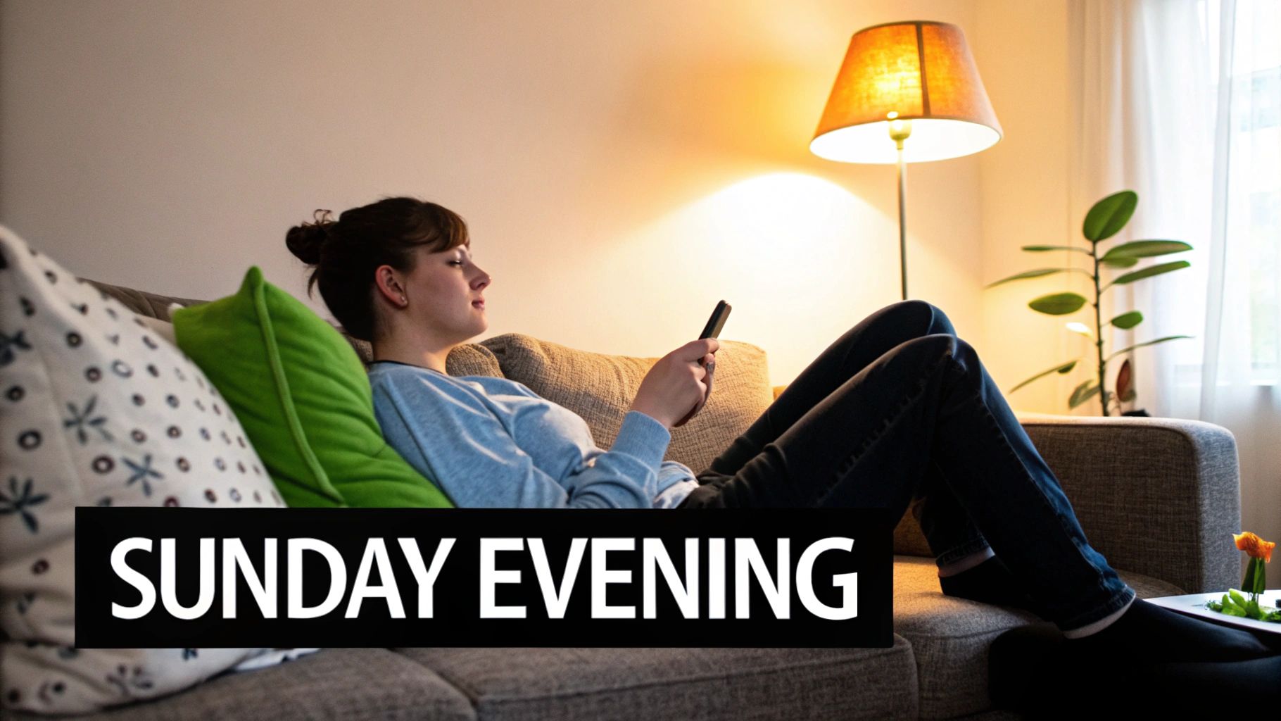 A young woman relaxes on a cozy sofa, scrolling on her phone during a Sunday evening.