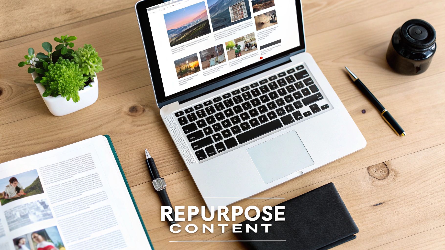 Workspace with a laptop displaying web content, an open book, plant, and pens on a wooden desk. Text: REPURPOSE CONTENT.