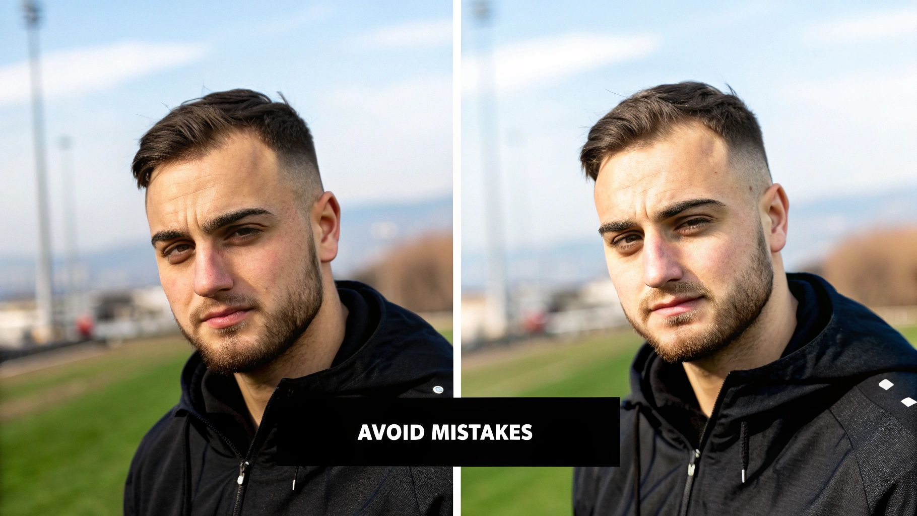 A young man with a beard and fade haircut, presented in two similar side-by-side images.