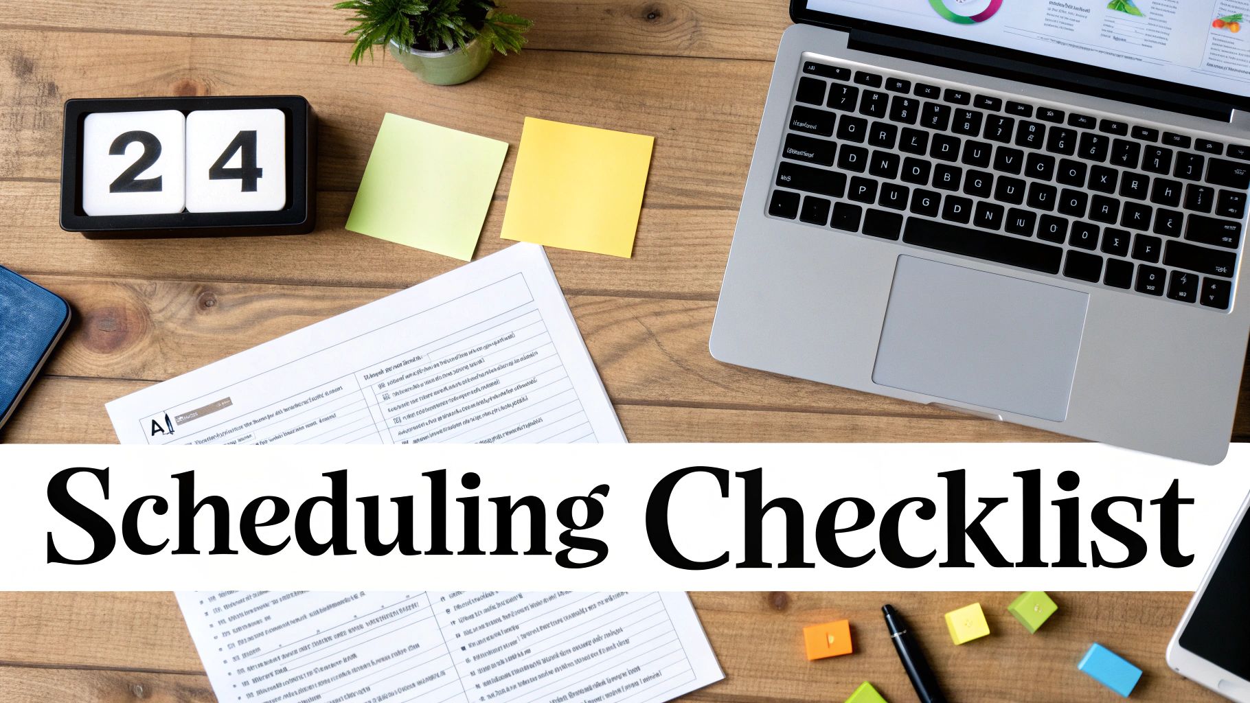 A top-down view of a workspace with a laptop, documents, sticky notes, and a '24' calendar, with 'Scheduling Checklist' text.