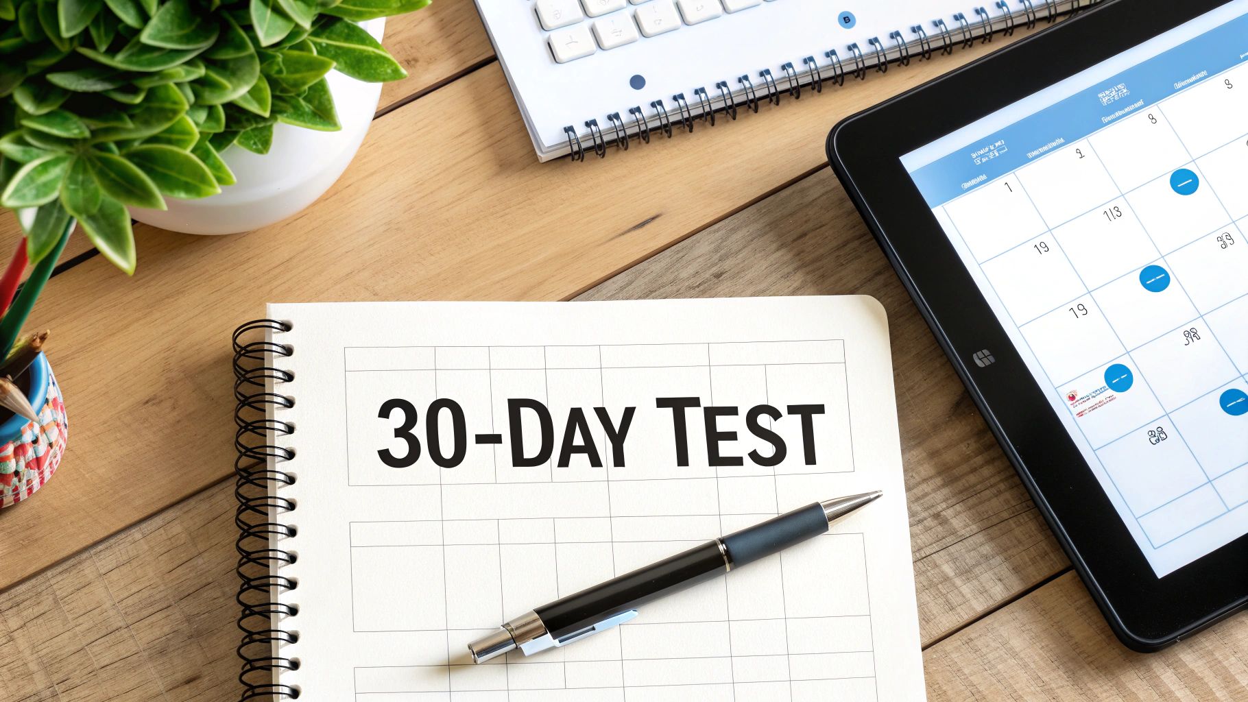 A '30-DAY TEST' notebook with a pen, next to a tablet displaying a calendar, symbolizing a challenge.