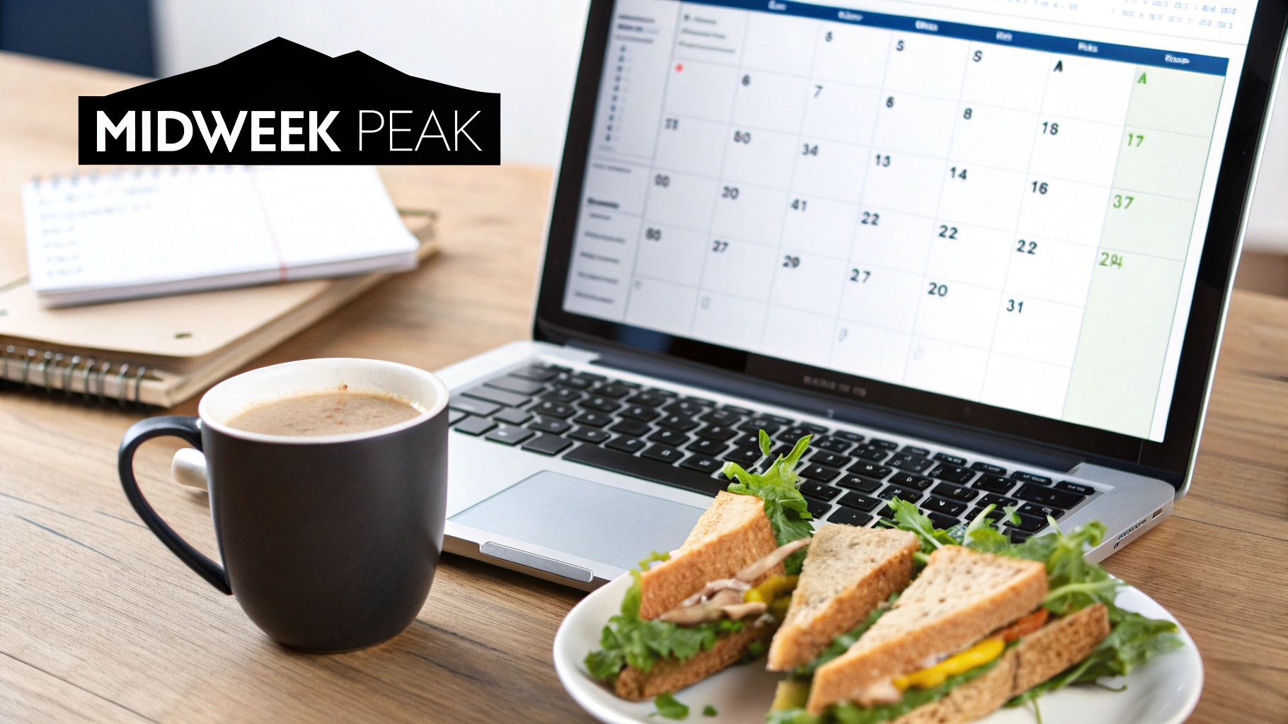 A work desk with a laptop showing a calendar, coffee mug, sandwiches, and notebooks.