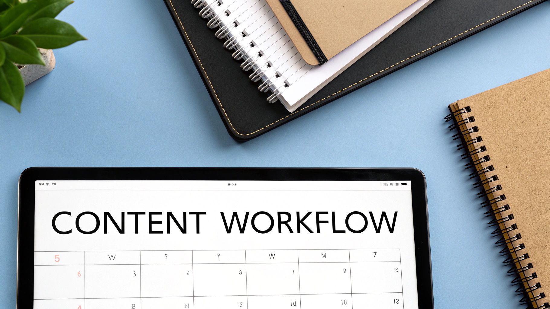 A digital tablet displays a 'CONTENT WORKFLOW' calendar on a light blue desk with notebooks and a plant.