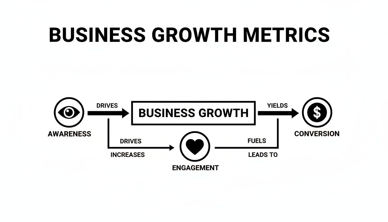 Flowchart showing how awareness and engagement drive business growth, ultimately yielding conversion.