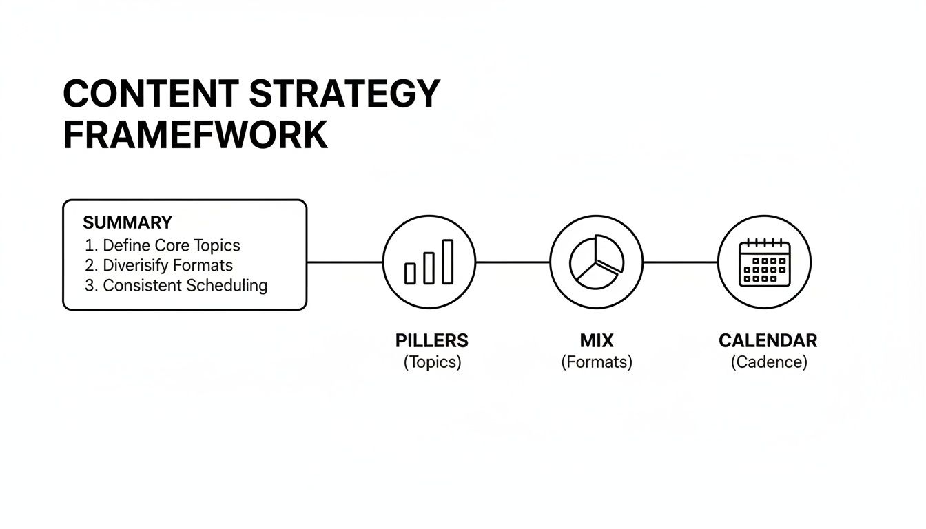 A Content Strategy Framework diagram showing summary, pillars (topics), mix (formats), and calendar (cadence).