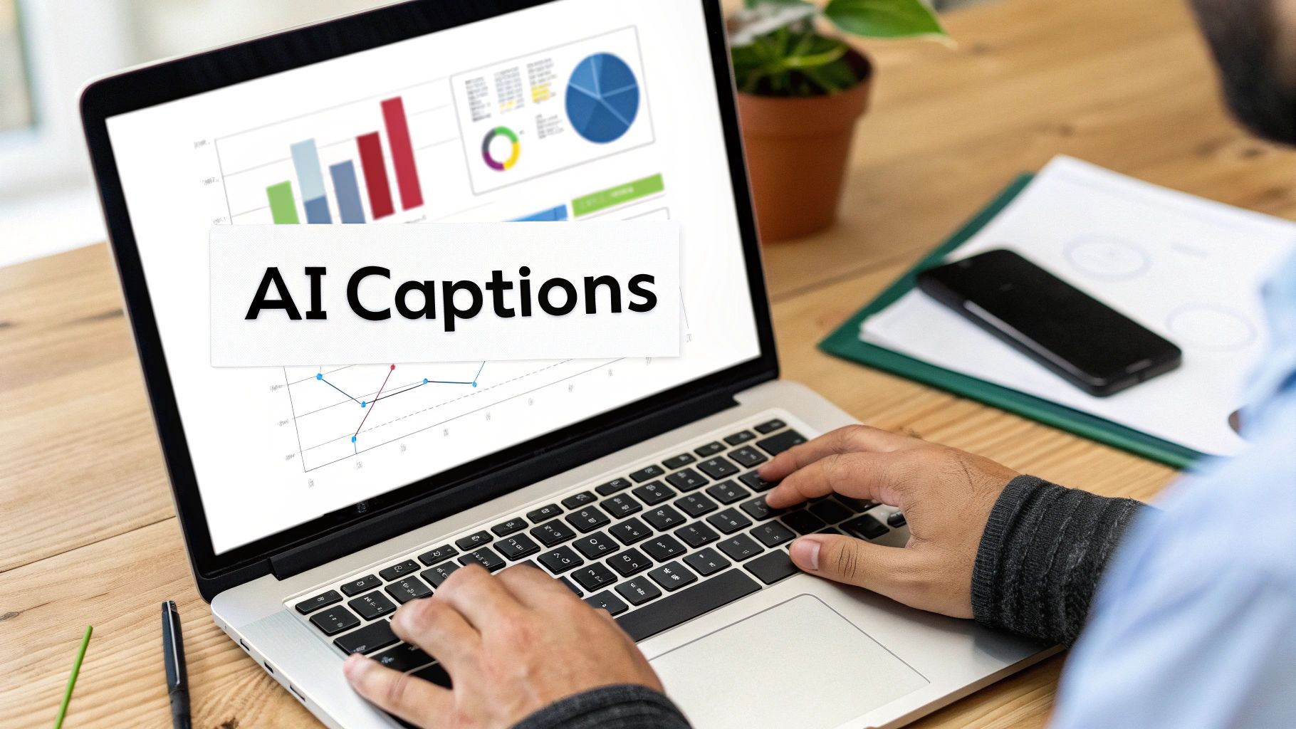 Hands typing on a laptop displaying 'AI Captions' text over business analytics charts on a wooden desk.