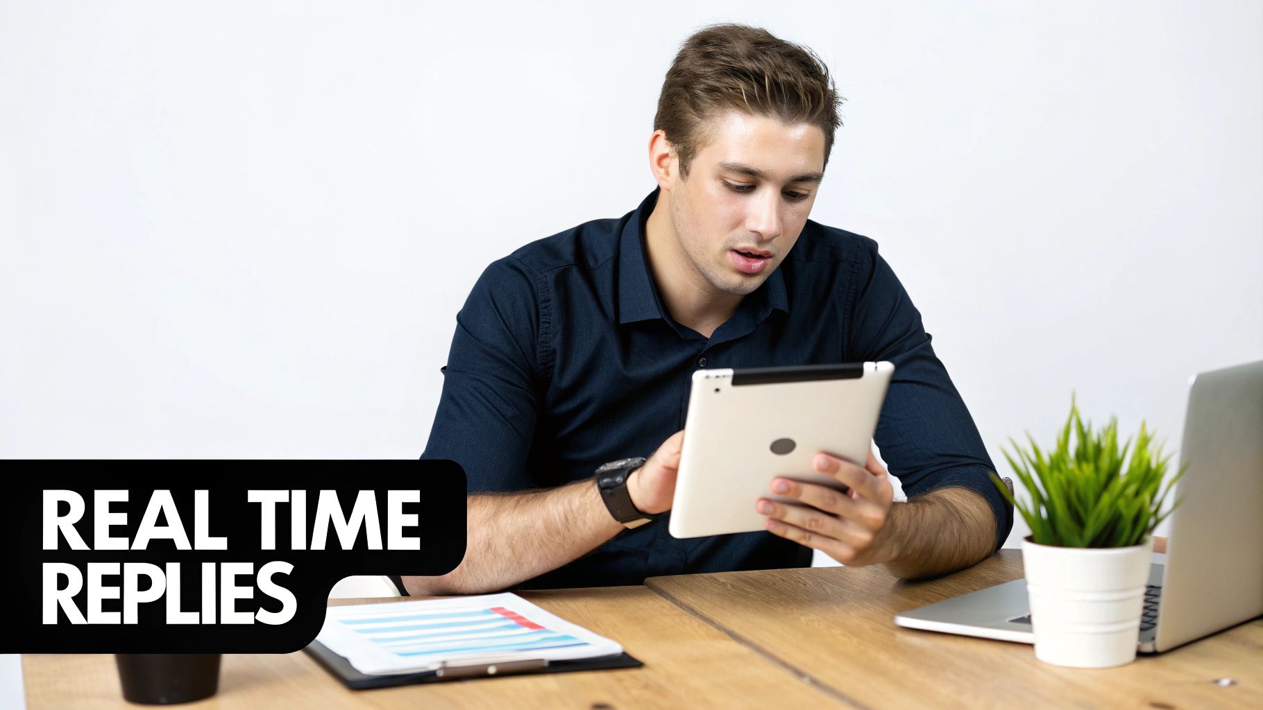 A young man in a dark shirt is focused on a tablet at a wooden desk, with 'REAL TIME REPLIES' text overlay.