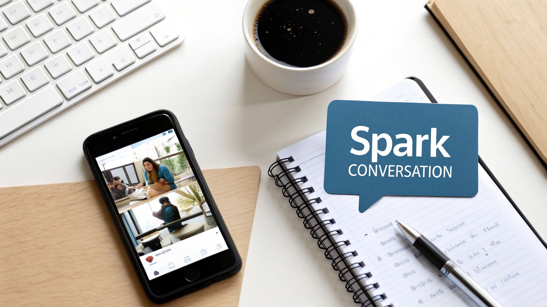 A flat lay of a desk with a phone displaying social media, coffee, keyboard, notebook, and 'Spark Conversation' bubble.