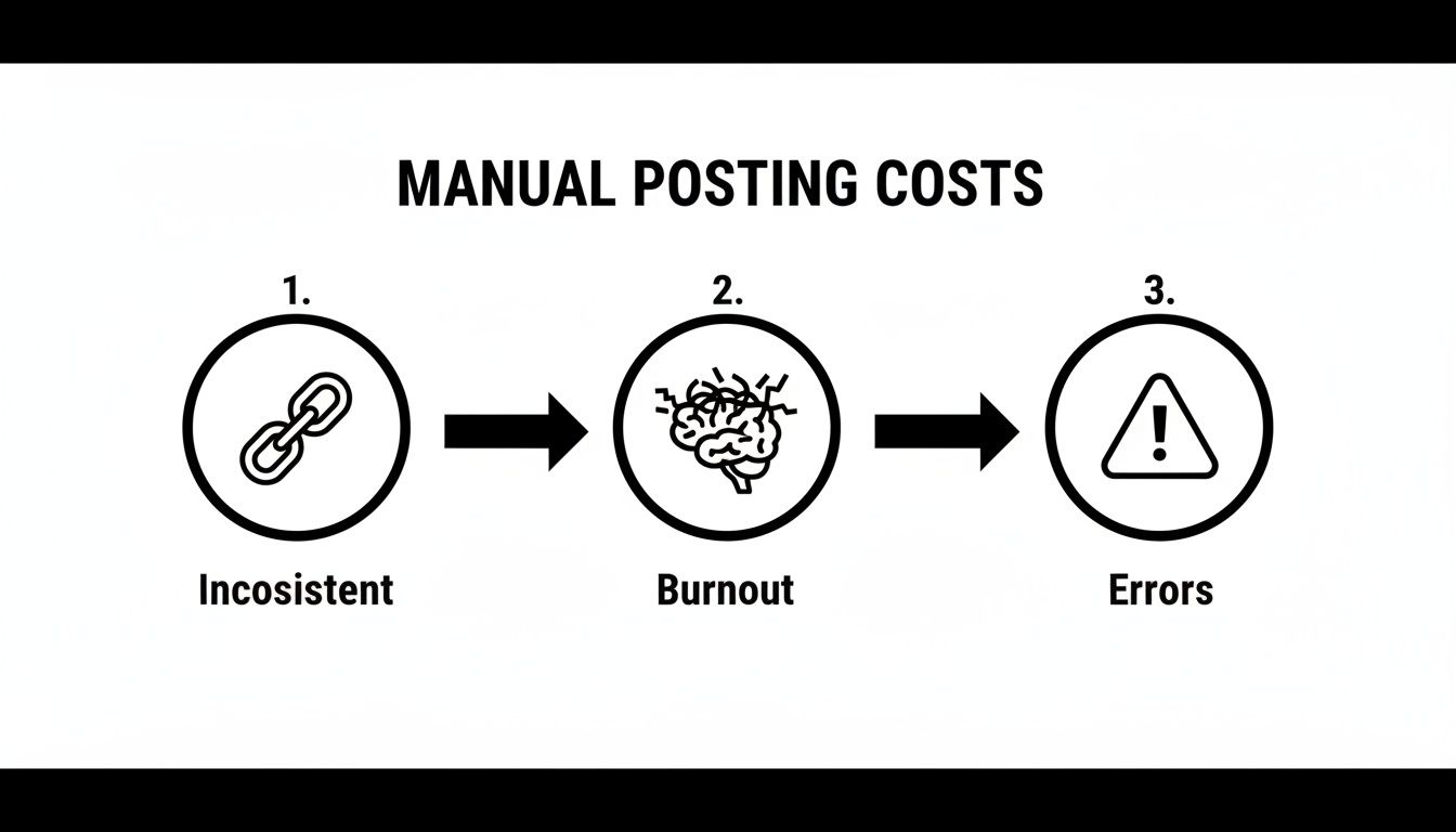 Flowchart showing manual posting costs: inconsistency, leading to burnout, and ultimately errors.