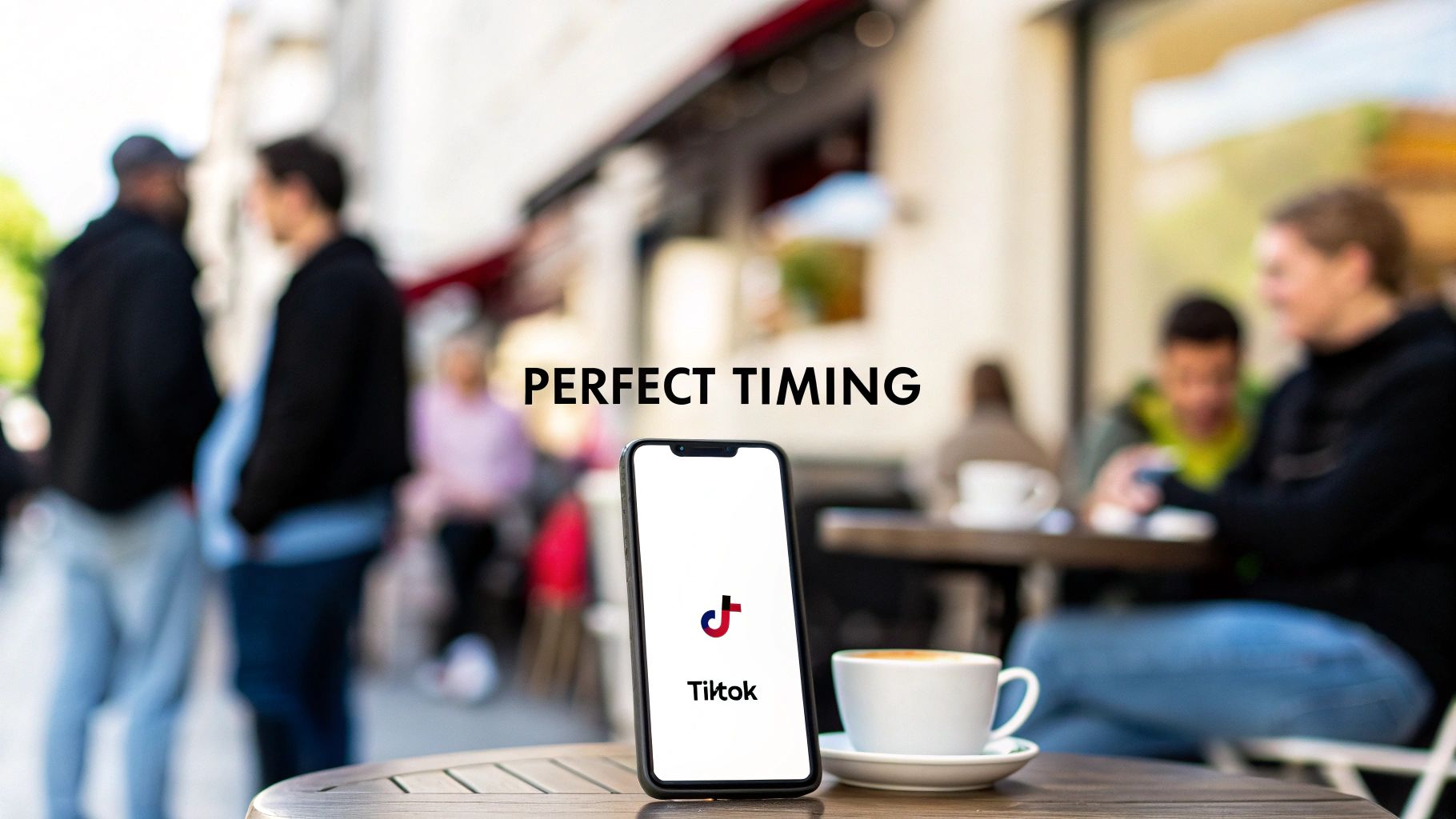 A smartphone displaying the TikTok logo and 'Tilktok' on a cafe table with a coffee cup, perfect timing.