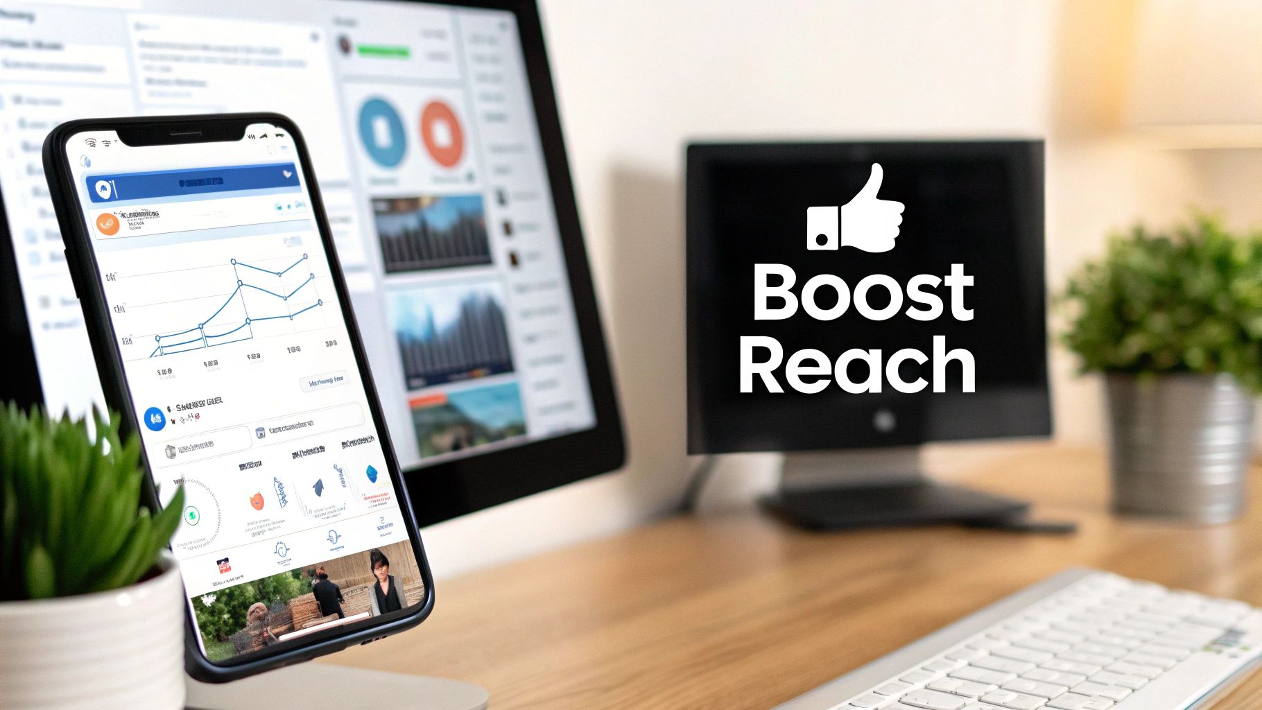 A smartphone and computer monitors display analytics and 'Boost Reach' text, symbolizing digital marketing strategies.
