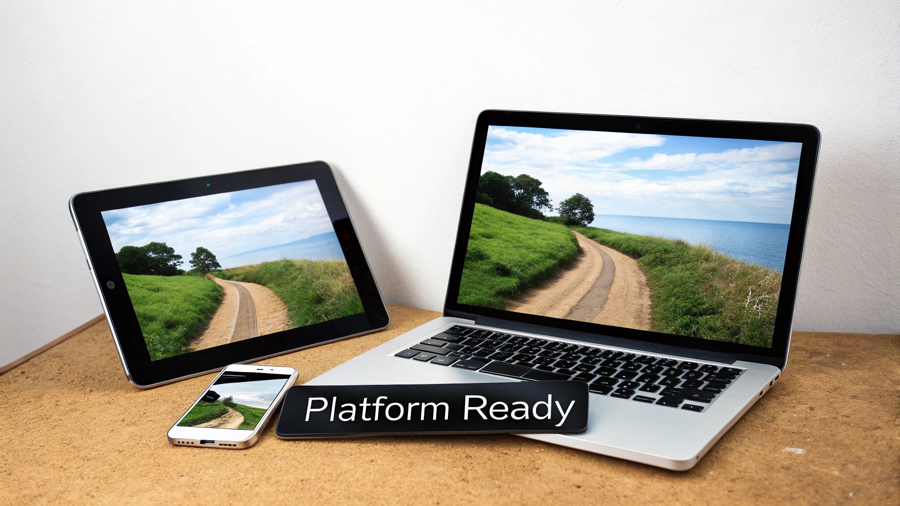 A tablet, smartphone, and laptop display a scenic path by the sea, with a 'Platform Ready' sign.