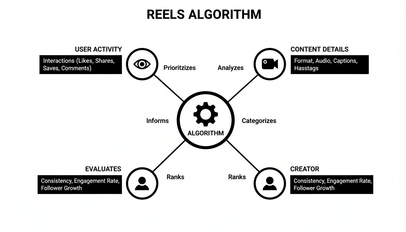 Diagram illustrating the Reels algorithm, factoring user activity, content details, creator metrics, and user engagement evaluation.