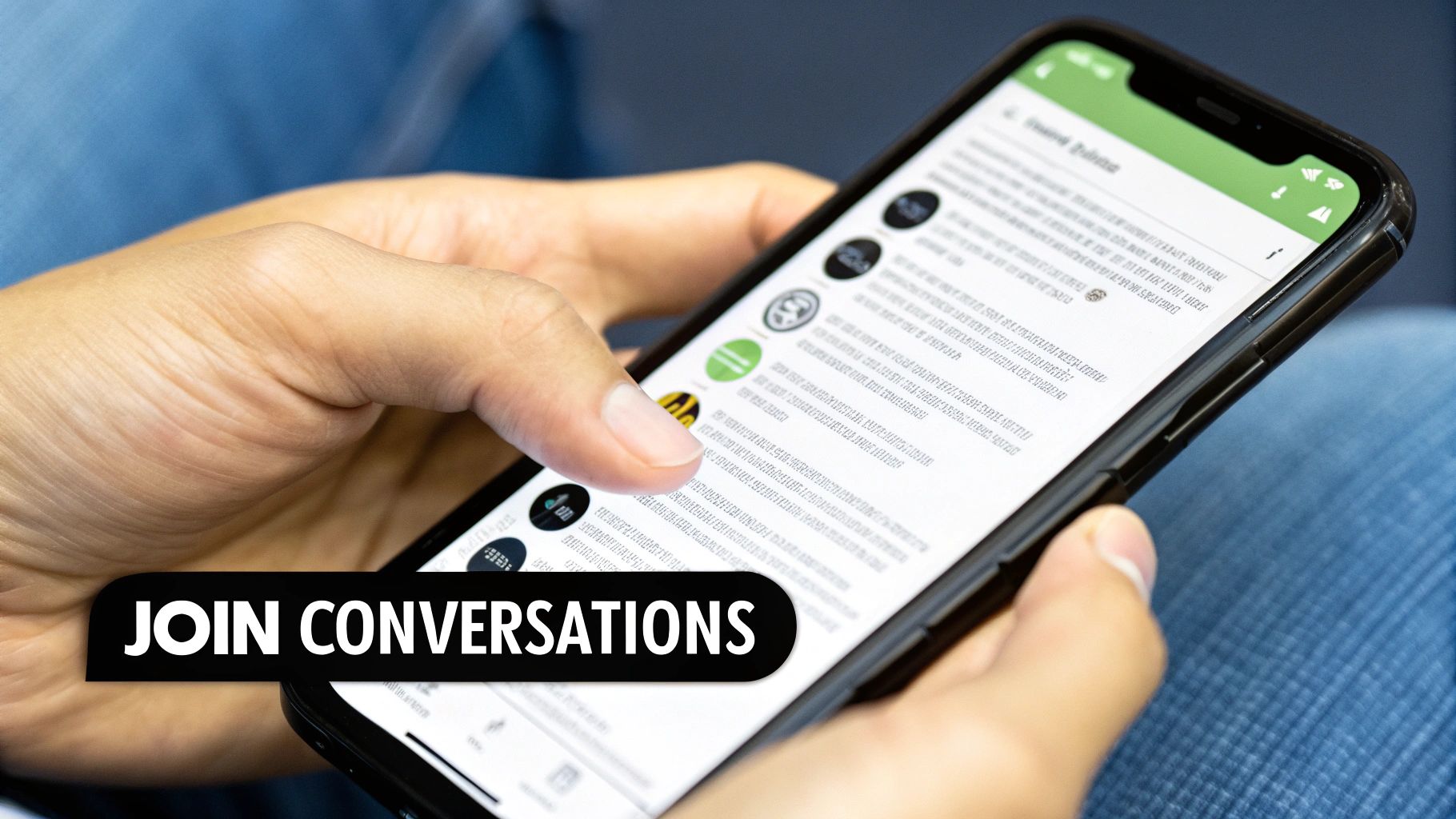 Close-up of hands using a smartphone displaying a social app with 'JOIN CONVERSATIONS' text.
