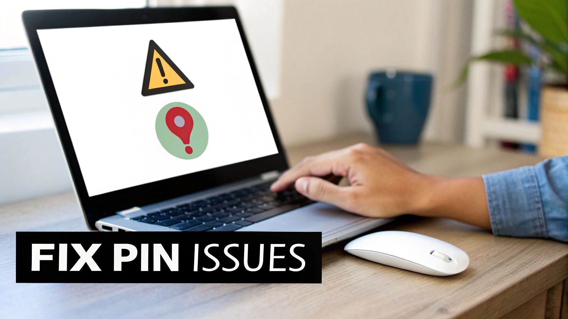 A person typing on a laptop displaying warning and pin icons, with 'FIX PIN ISSUES' text.