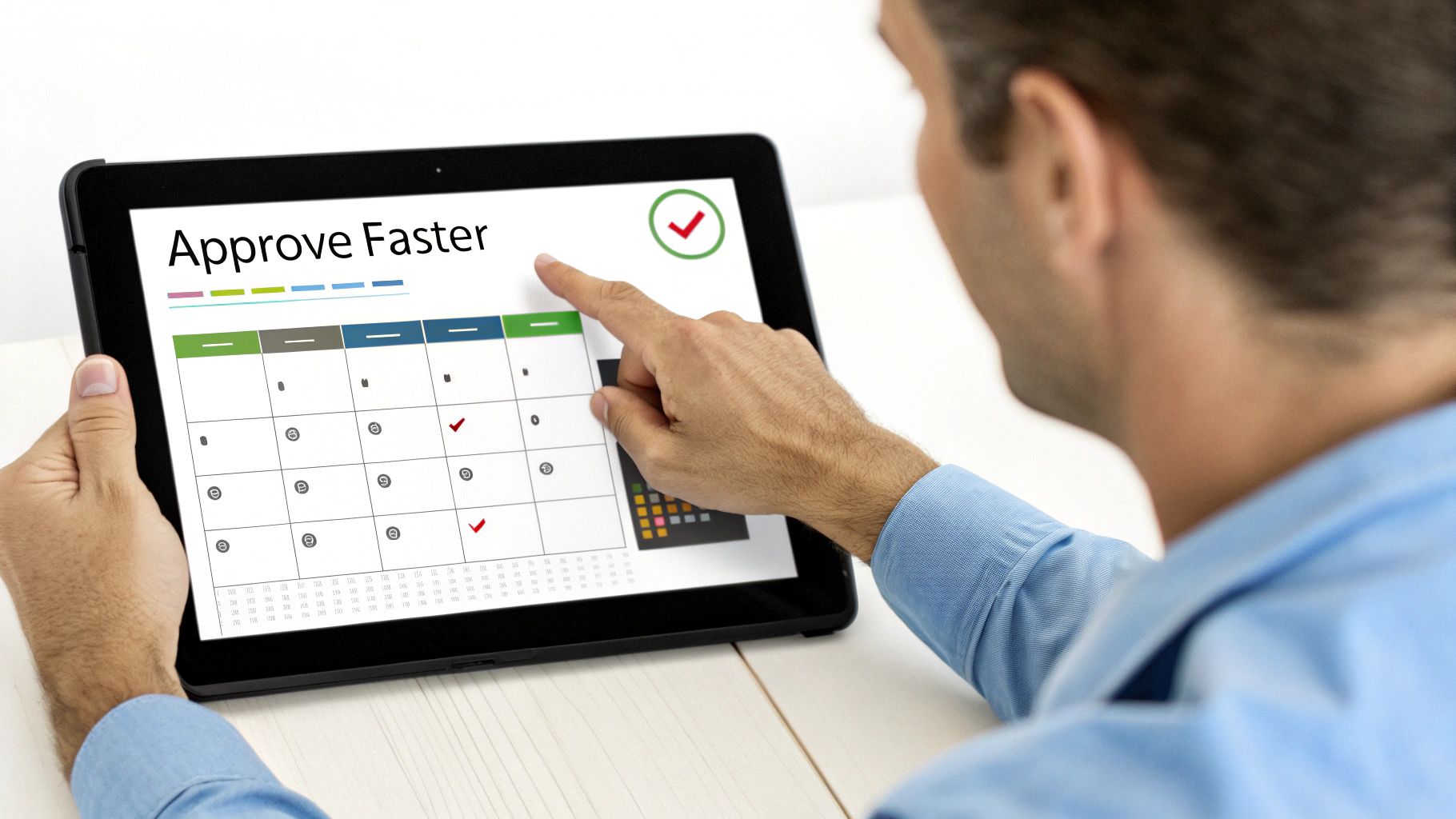 Close-up of a man using a tablet showing an 'Approve Faster' calendar application with green checkmarks.