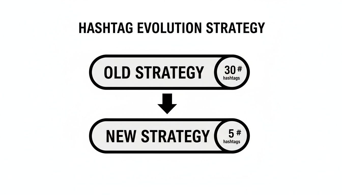Diagram illustrating a hashtag strategy evolution, decreasing from 30 hashtags to 5 hashtags.