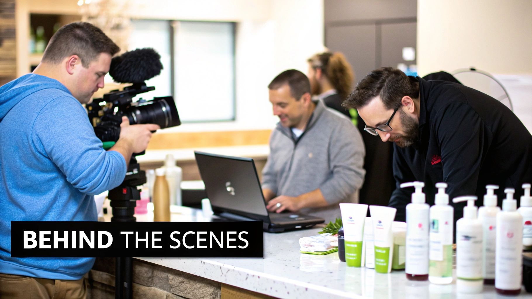 Behind the scenes of a video production with a cameraman, a person on a laptop, and beauty products.