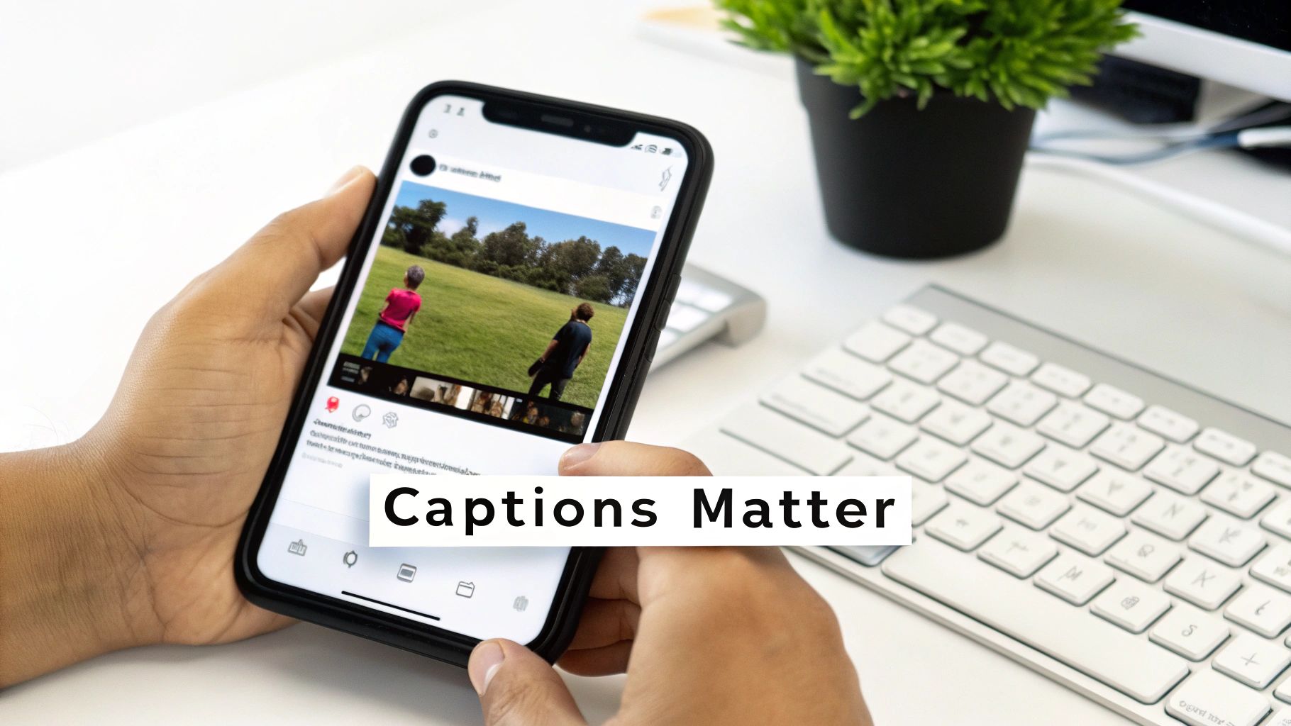 A person holds a smartphone displaying a social media post with two people in a field and text overlay 'Captions Matter'.
