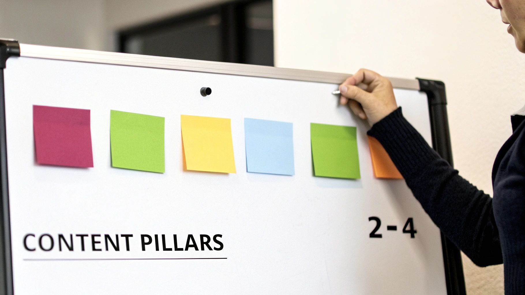A person's hand places an orange sticky note on a whiteboard displaying "CONTENT PILLARS" and other colorful notes.