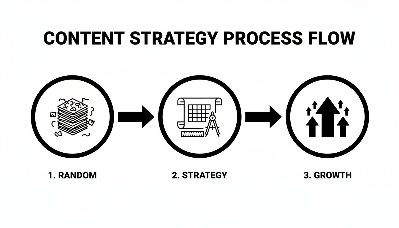 Content Strategy Process Flow diagram: random content leads to strategy, which leads to growth.