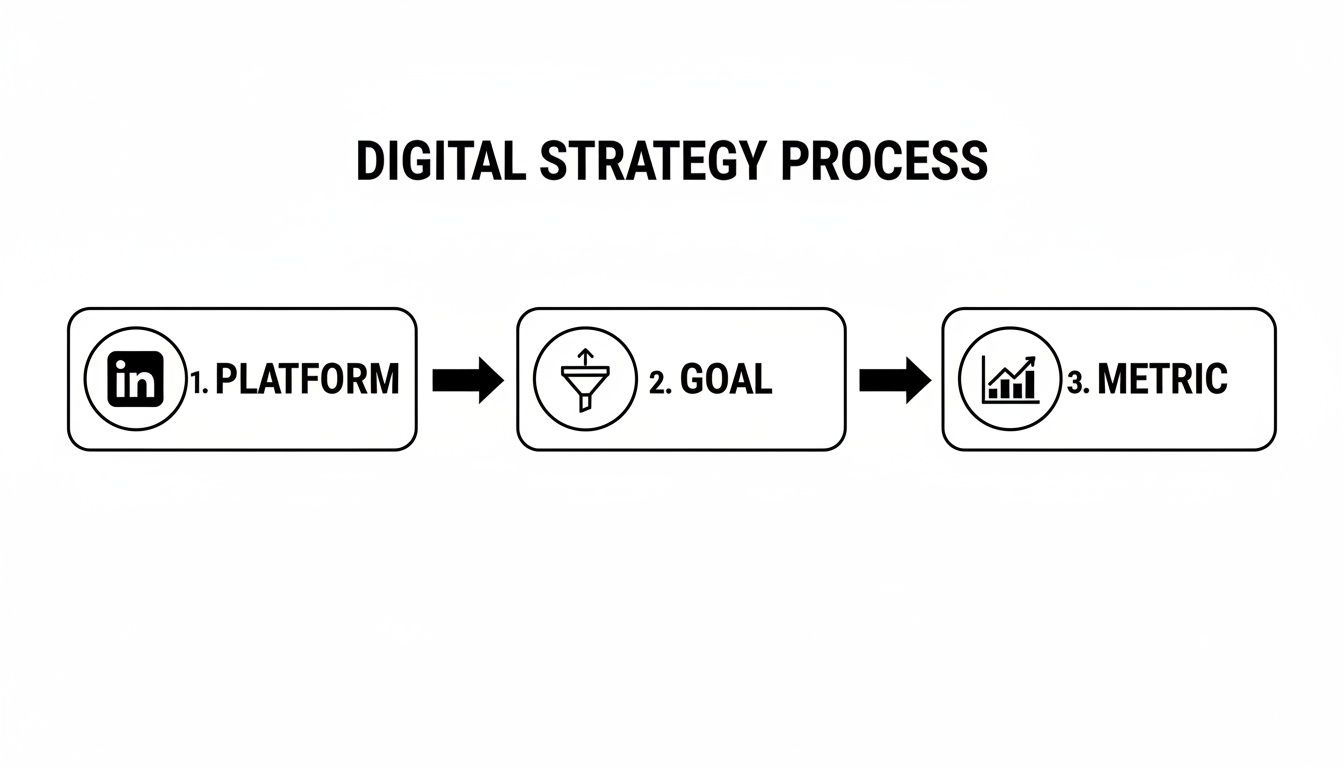 A simple diagram illustrating the three-step digital strategy process: platform, goal, and metric.
