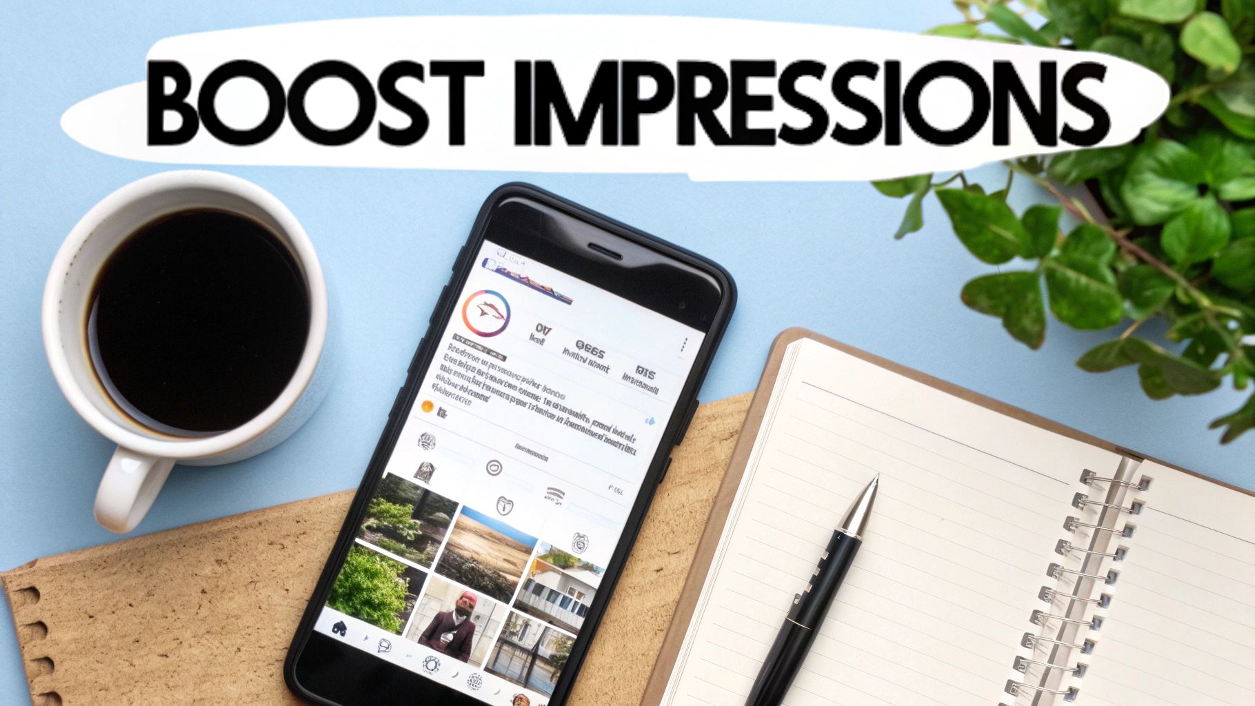 Flat lay showing a smartphone with social media, coffee, notebook, and 'BOOST IMPRESSIONS' headline.