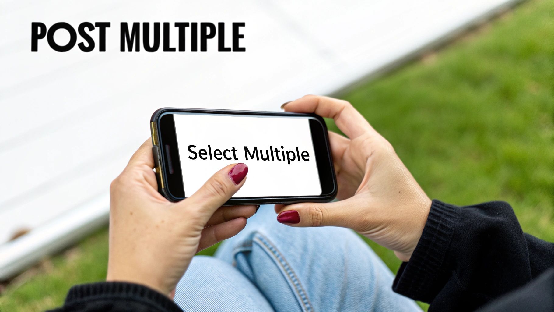 Hands hold a smartphone displaying 'Select Multiple', with 'POST MULTIPLE' text above.