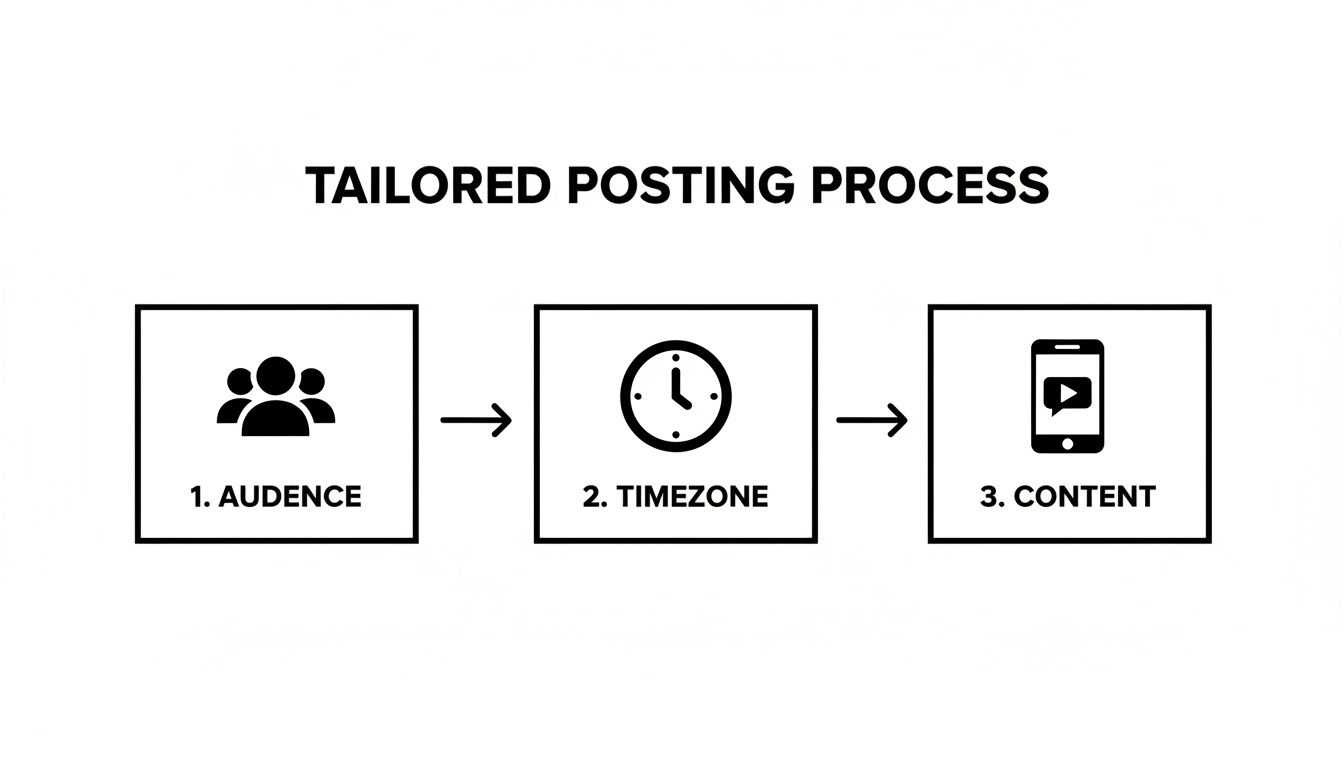 A black and white flowchart illustrating the tailored posting process with three steps: audience, timezone, and content.