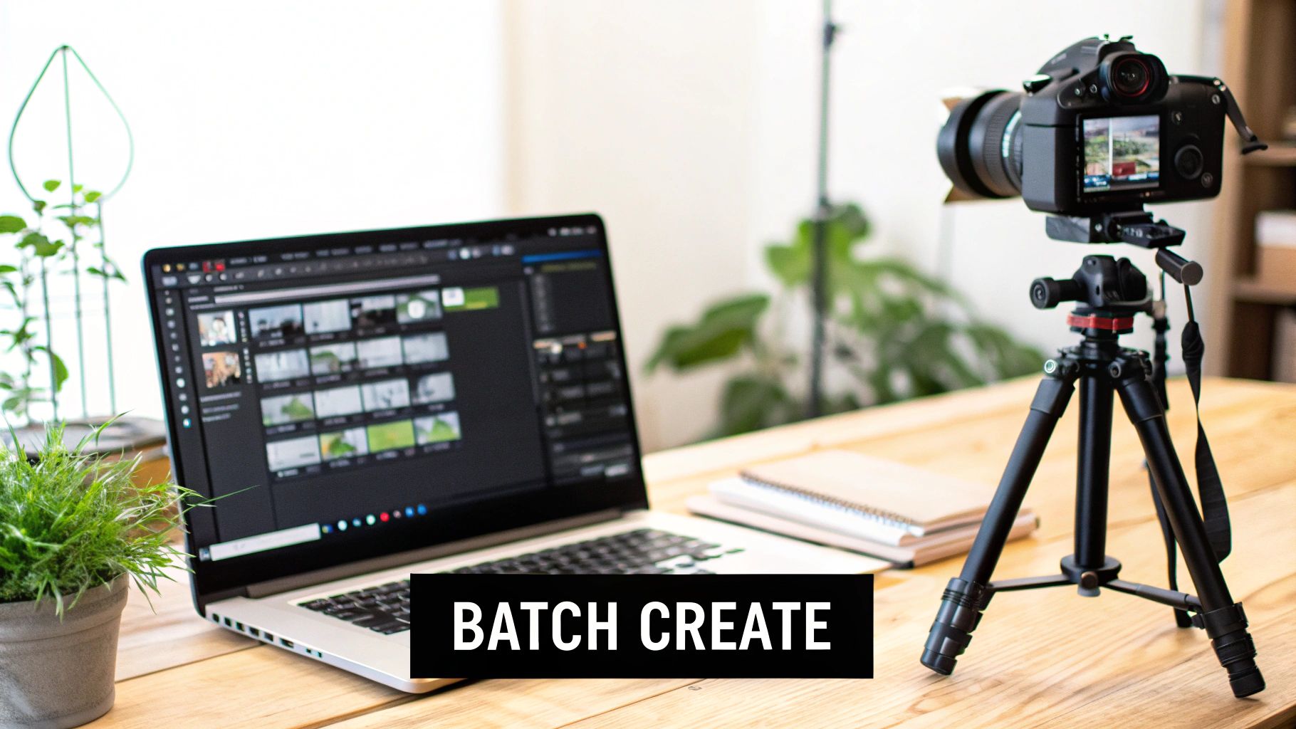 Creative workspace with a laptop showing editing software and a camera on a tripod for video production.