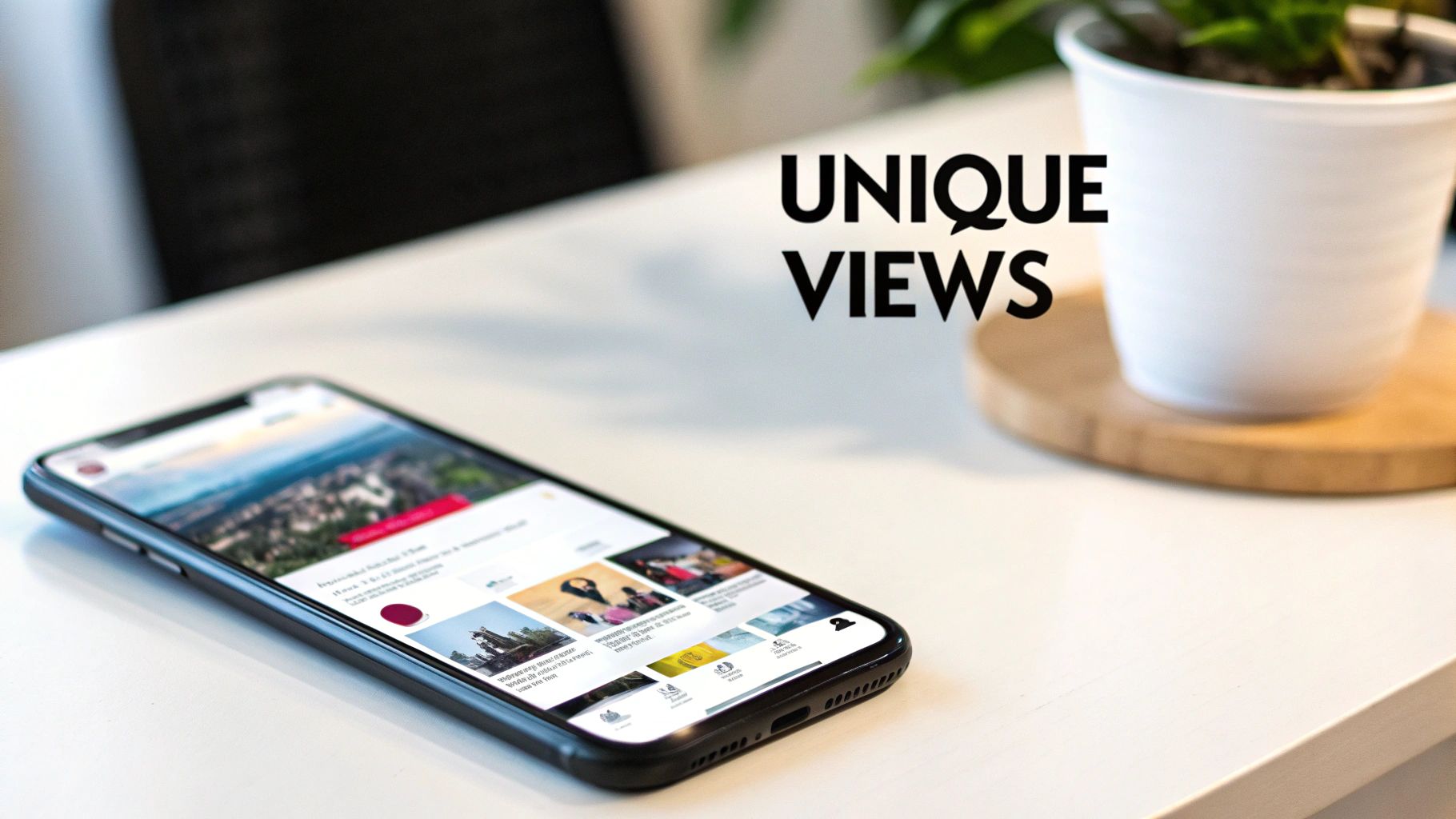 Smartphone displaying a social media app on a white desk with a potted plant and text "UNIQUE VIEWS".