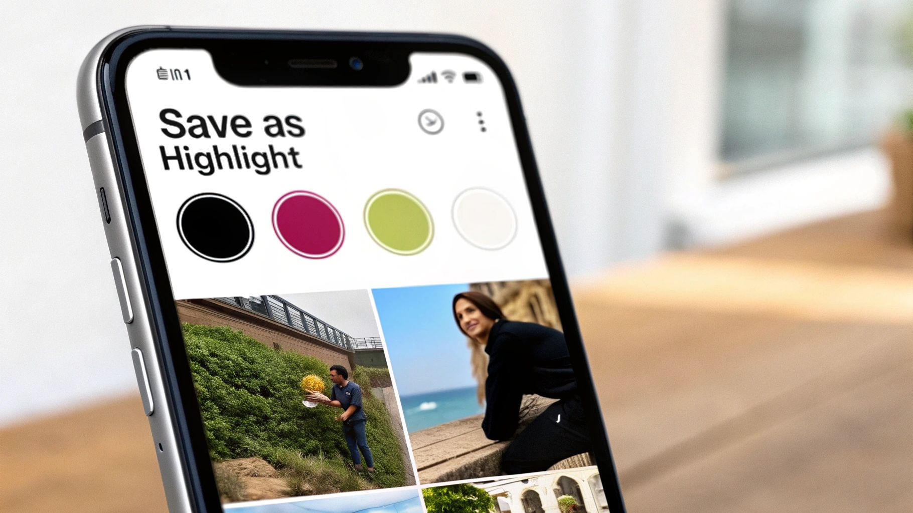 Close-up of a smartphone screen displaying an app to 'Save as Highlight' with color choices and image previews.