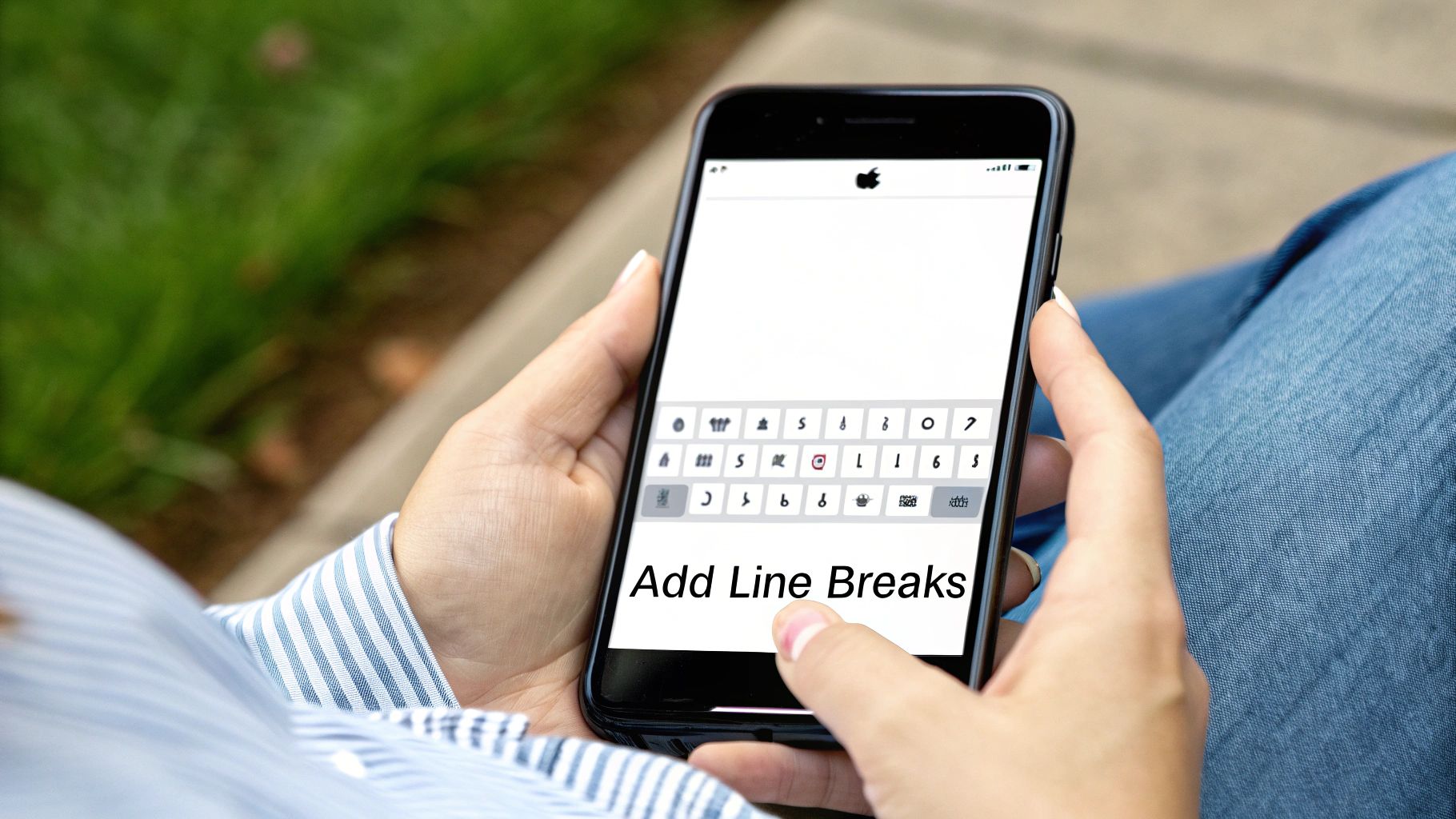 A person's hands holding an iPhone displaying 'Add Line Breaks' text and a keyboard on the screen.