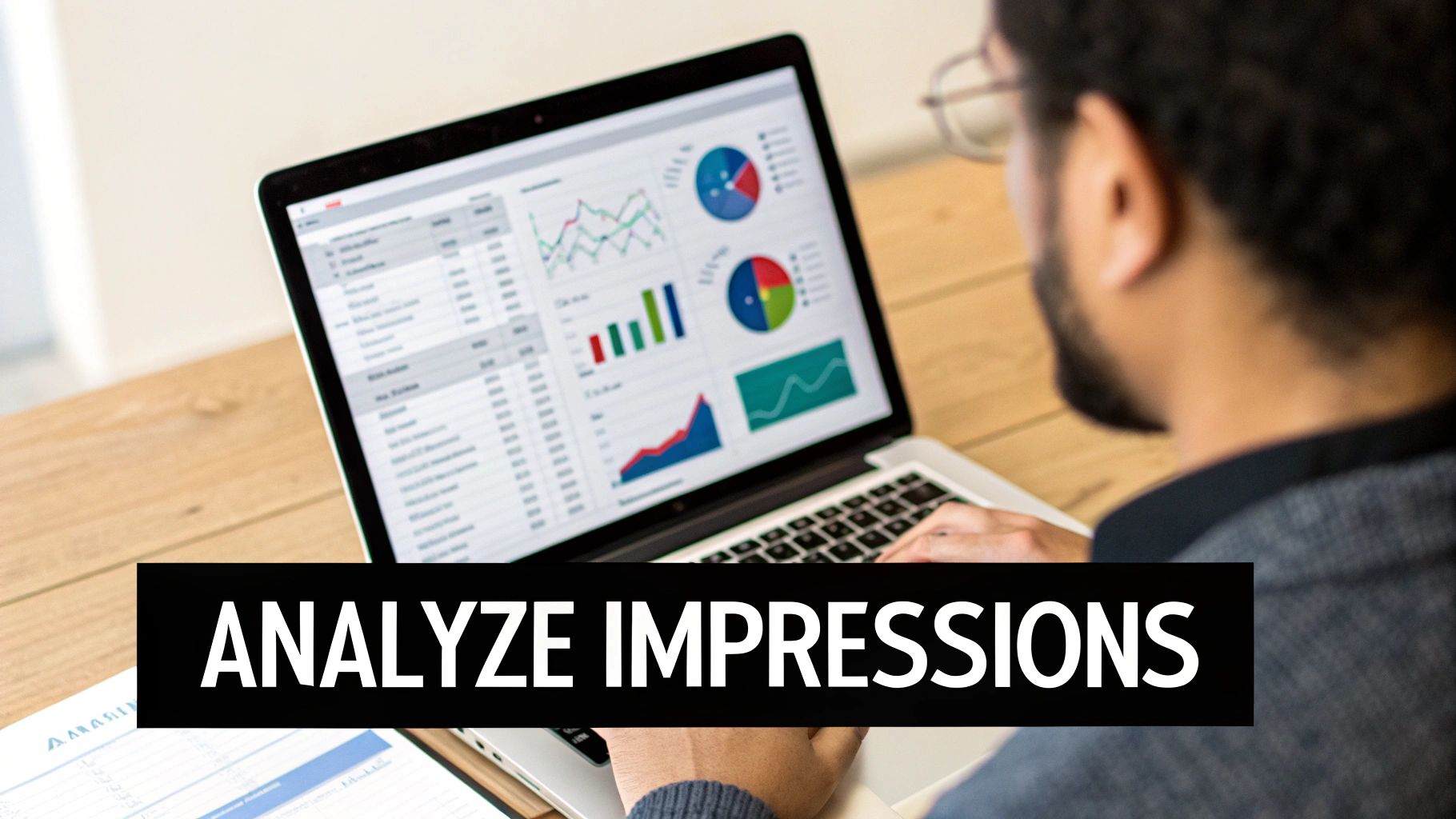A person from behind analyzing data, charts, and impressions on a laptop screen.