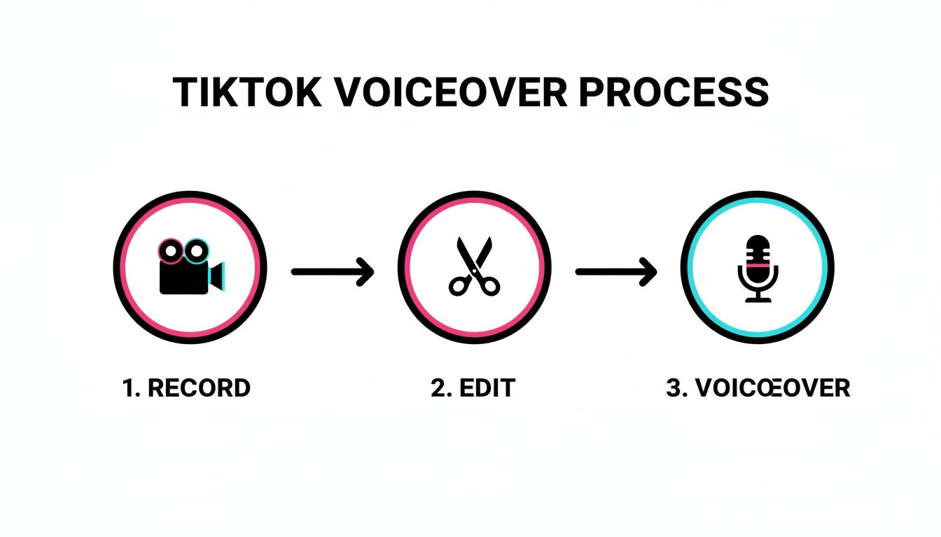 Infographic showing the TikTok voiceover process: record, edit, and voiceover steps with icons.