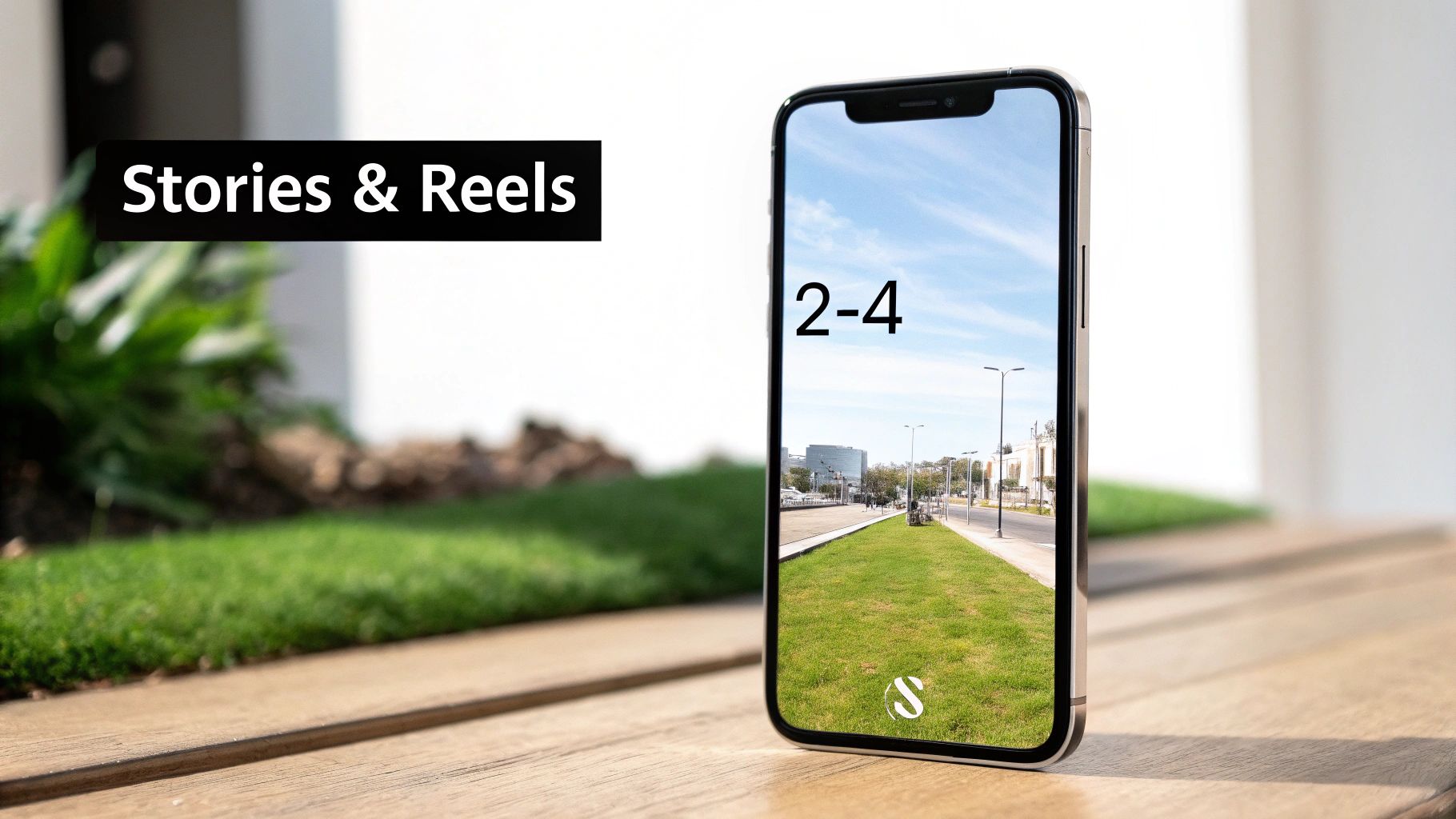 An iPhone on a wooden table displaying a street scene, with text 'Stories & Reels' beside it.
