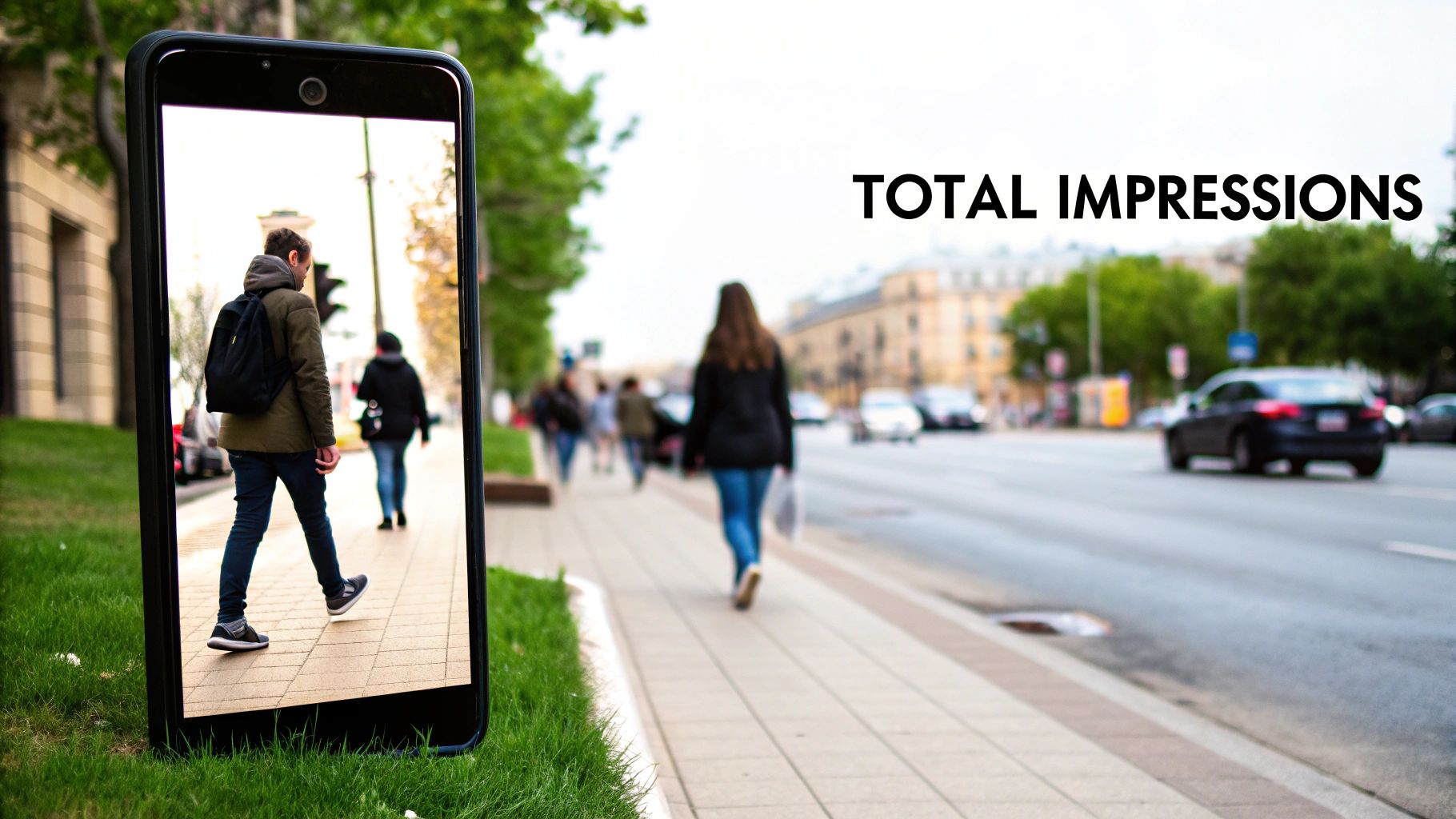 A smartphone screen displays a man walking on a city sidewalk, overlaid with 'TOTAL IMPRESSIONS' text.