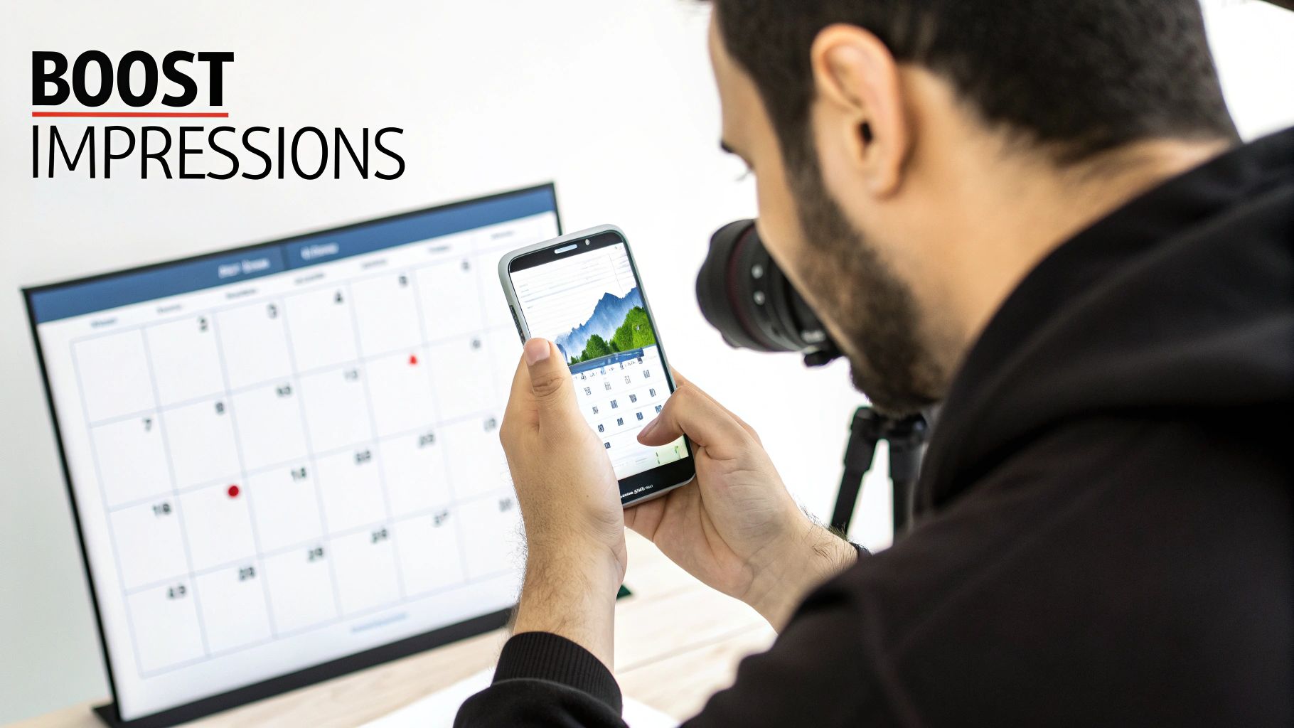 Man using a smartphone with a graph and a monitor with a calendar, boosting impressions.