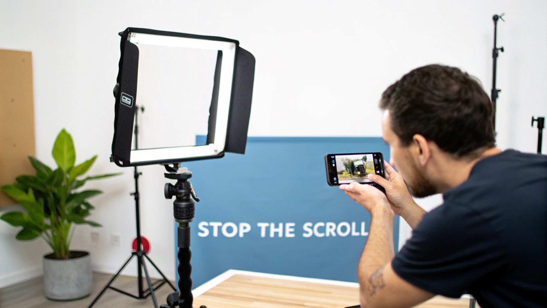 A person uses a smartphone to film in a studio with a large LED panel and 'STOP THE SCROLL' banner.