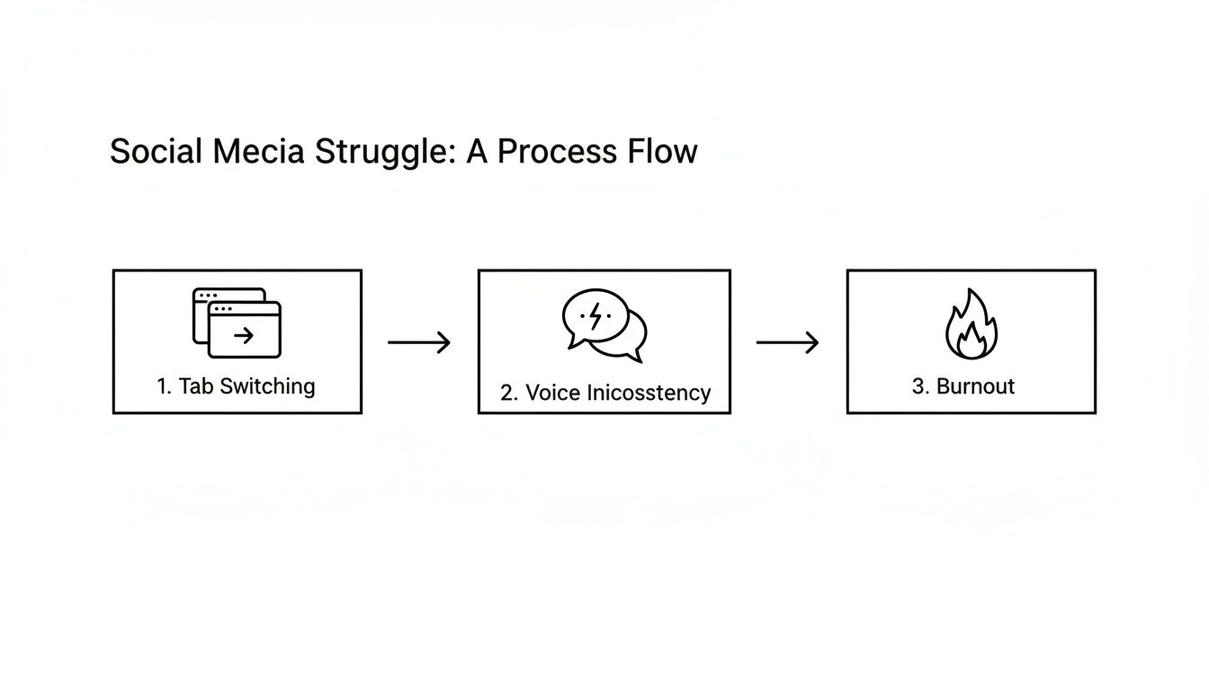 A process flow illustrating social media struggles: tab switching, voice inconsistency, leading to burnout.