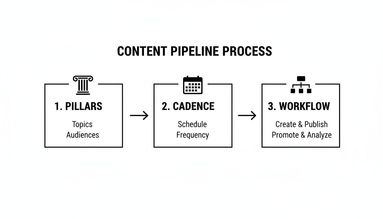 A content pipeline process flowchart showing three steps: Pillars, Cadence, and Workflow.