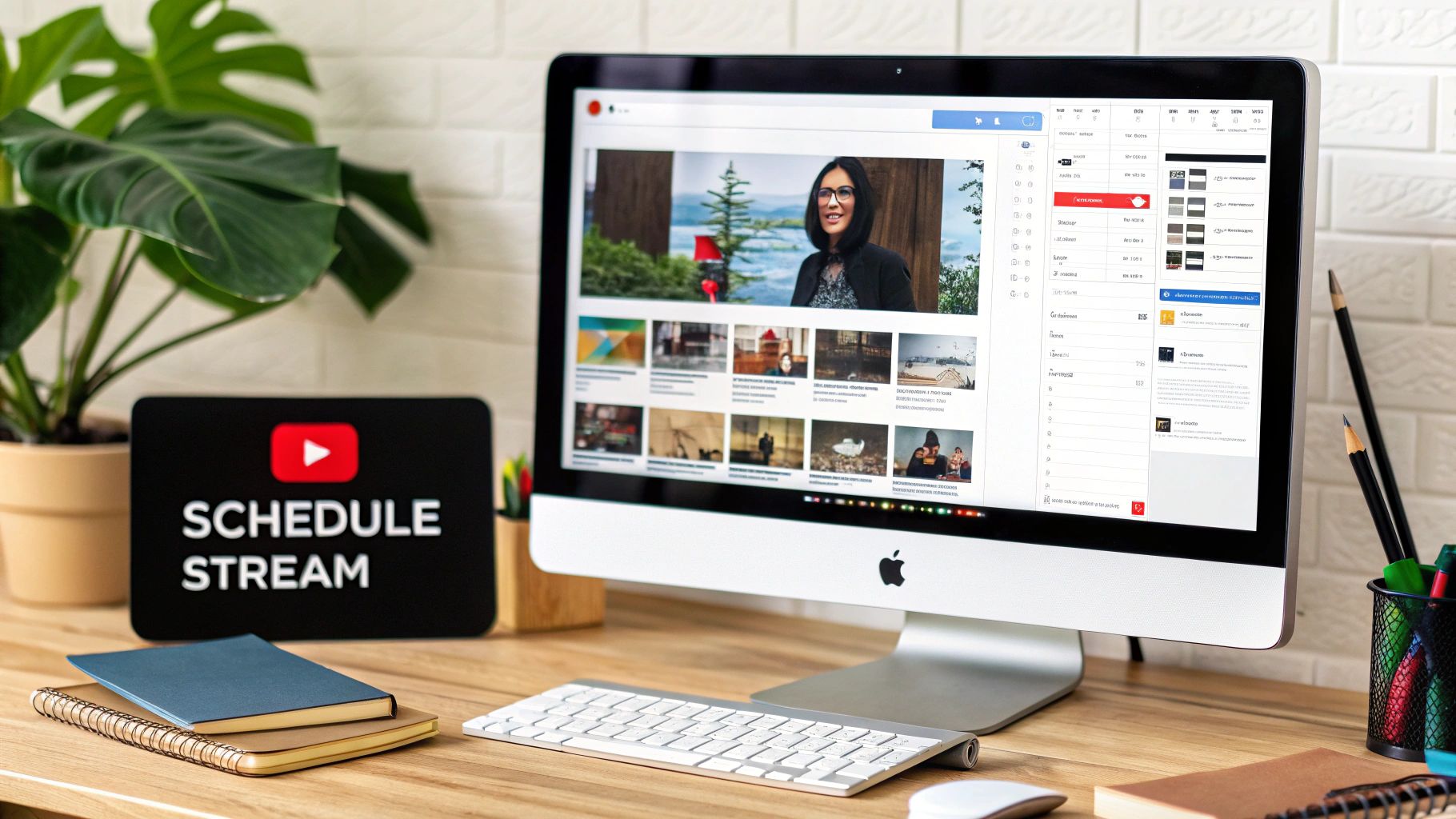 A modern desk with an Apple iMac showing a live streaming setup and a 'SCHEDULE STREAM' sign.