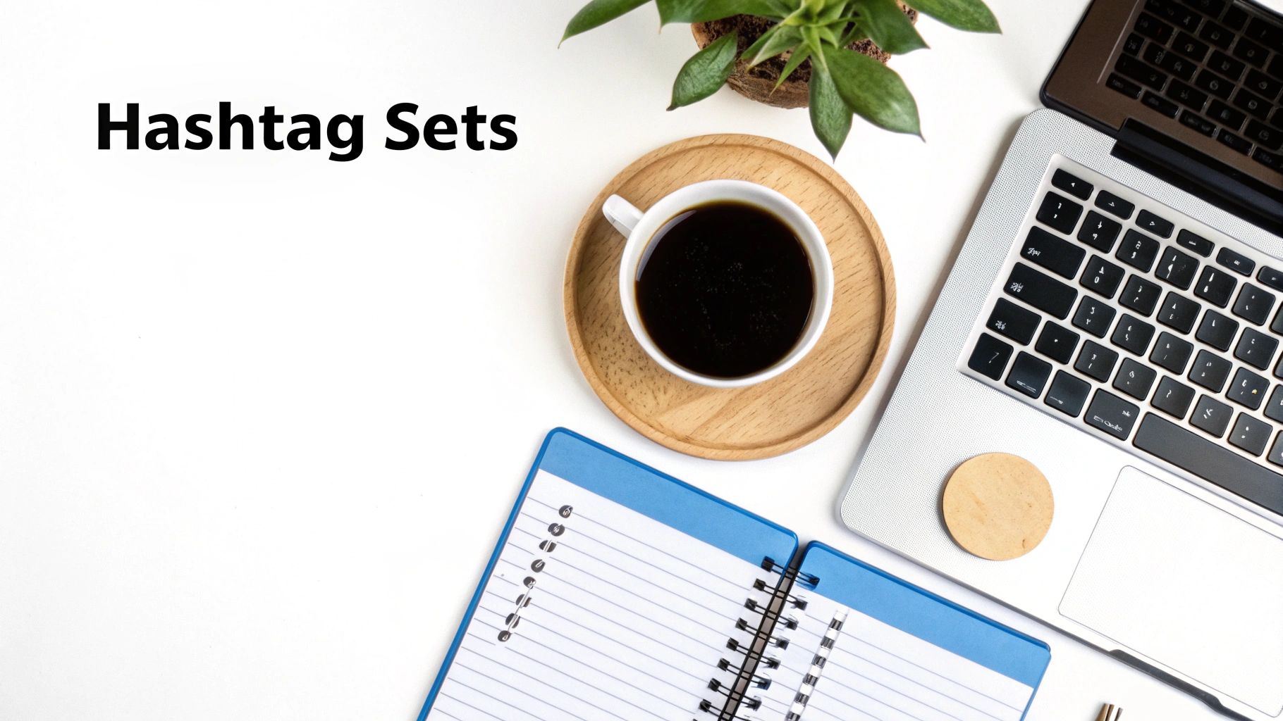 Flat lay of a desk with a laptop, coffee, plant, and notebook, featuring 'Hashtag Sets' text.