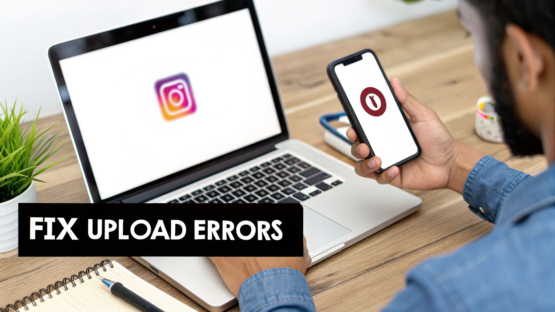 A person holds a smartphone with a red logo, next to a laptop showing the Instagram logo, with text 'FIX UPLOAD ERRORS'.