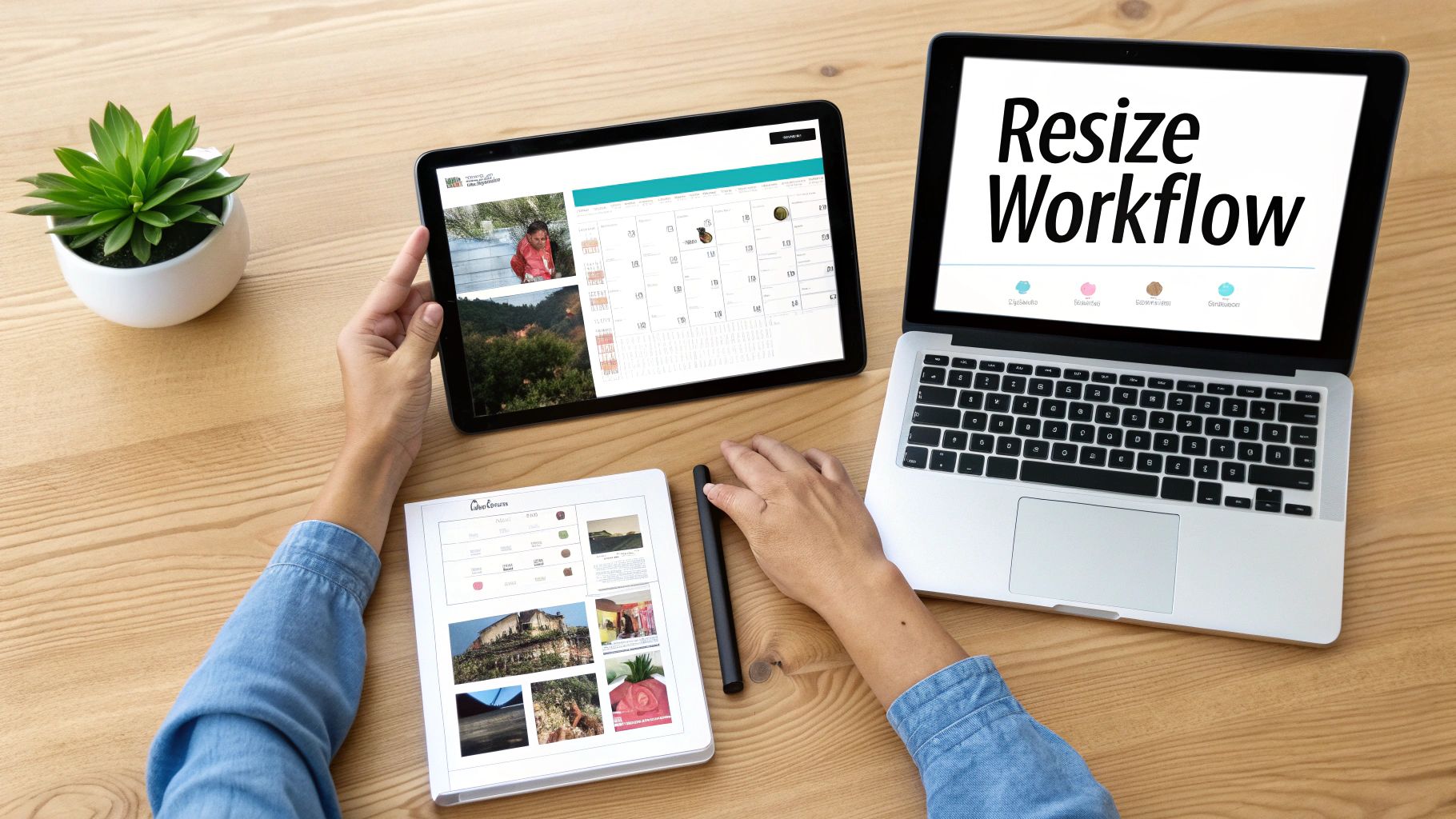 Overhead shot of a person working on a wooden desk with a laptop, tablet, and digital notepad.