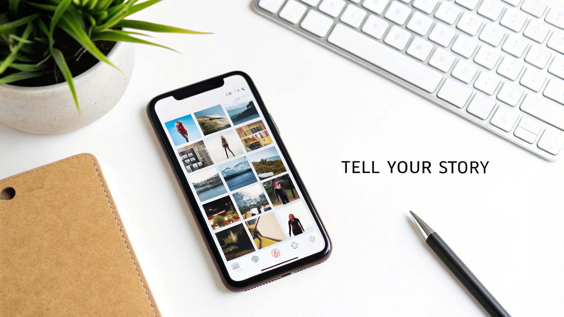 Overhead shot of a white desk with a smartphone displaying photos, a plant, keyboard, notebook, and pen. Text: TELL YOUR STORY.