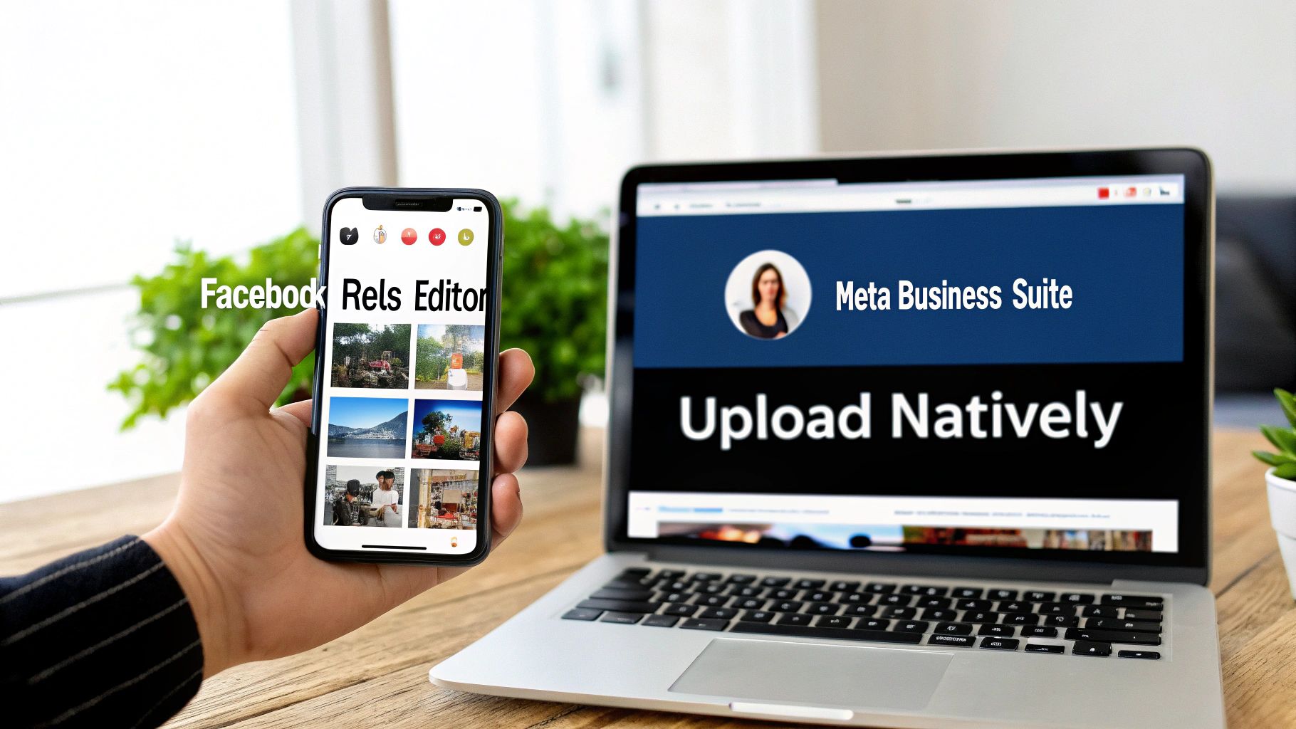 Hand holding smartphone showing Facebook Reels Editor next to a laptop with Meta Business Suite for native content upload.