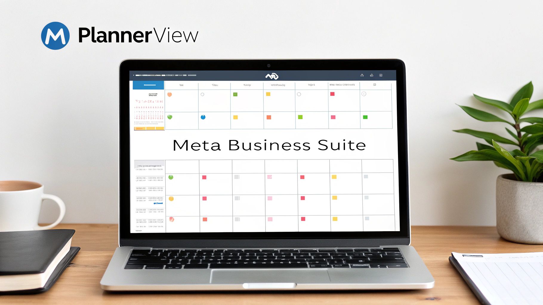 Laptop on a wooden desk displaying PlannerView and Meta Business Suite calendar for social media scheduling.