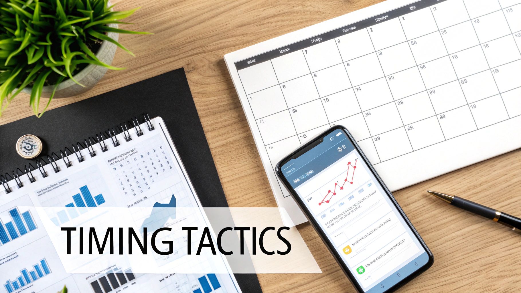 Desk flat lay showing a calendar, notebook with charts, smartphone with a graph, and 'TIMING TACTICS' text.
